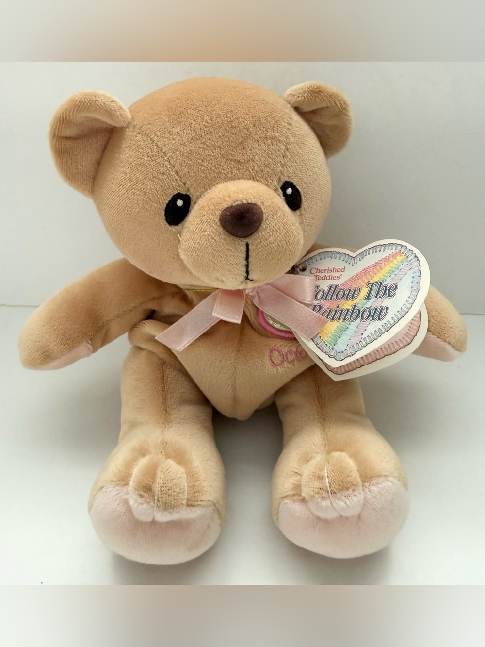 Cherished Teddies Light Brown Plush Bear with Pink Ribbon - Birth month October